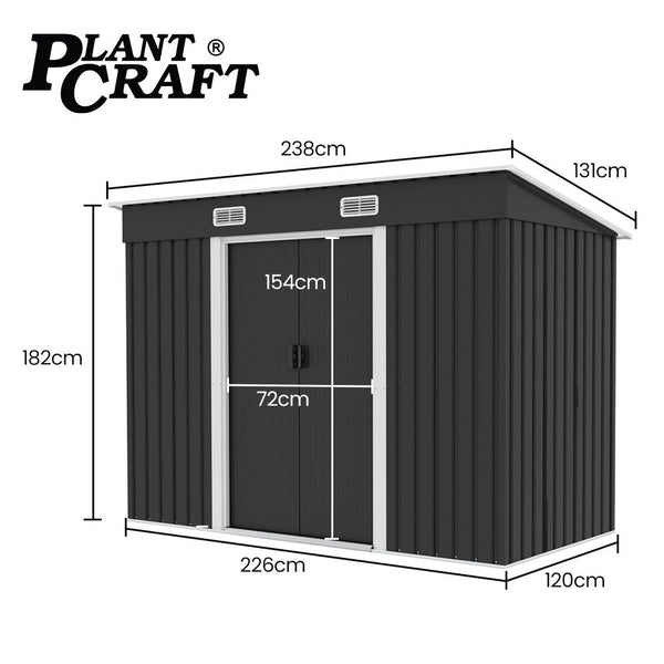 Plantcraft Galvanised Steel Garden Shed 2.38 X 1.31 1.82M With Sliding Doors Air Vents Skillion Roof Floor Frame Sheds Summerhouses Carports