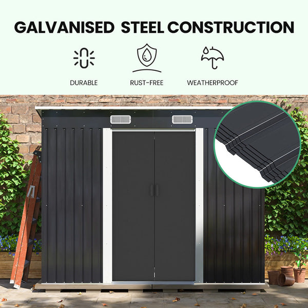 Plantcraft Galvanised Steel Garden Shed 2.38 X 1.31 1.82M With Sliding Doors Air Vents Skillion Roof Floor Frame Sheds Summerhouses Carports