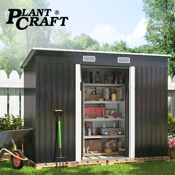 Plantcraft Galvanised Steel Garden Shed 2.38 X 1.31 1.82M With Sliding Doors Air Vents Skillion Roof Floor Frame Sheds Summerhouses Carports