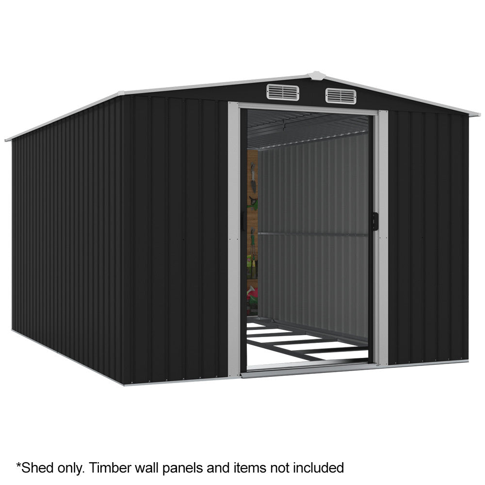 Plantcraft Galvanised Steel Garden Shed 2.58 X 3.13 2.02M With Sliding Doors 4 Air Vents Gable Roof Floor Frame Sheds Summerhouses Carports