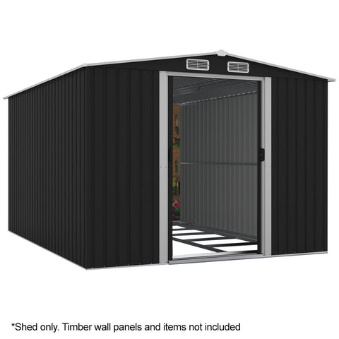 Plantcraft Galvanised Steel Garden Shed 2.58 X 3.13 2.02M With Sliding Doors 4 Air Vents Gable Roof Floor Frame Sheds Summerhouses Carports