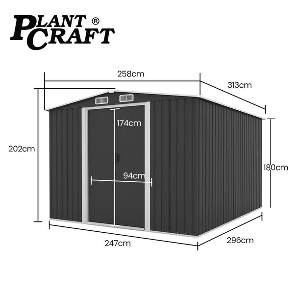 Plantcraft Galvanised Steel Garden Shed 2.58 X 3.13 2.02M With Sliding Doors 4 Air Vents Gable Roof Floor Frame Sheds Summerhouses Carports