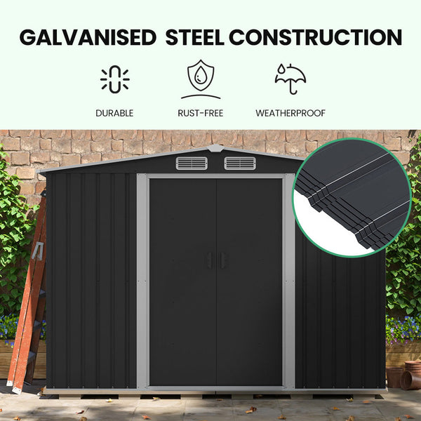 Plantcraft Galvanised Steel Garden Shed 2.58 X 3.13 2.02M With Sliding Doors 4 Air Vents Gable Roof Floor Frame Sheds Summerhouses Carports
