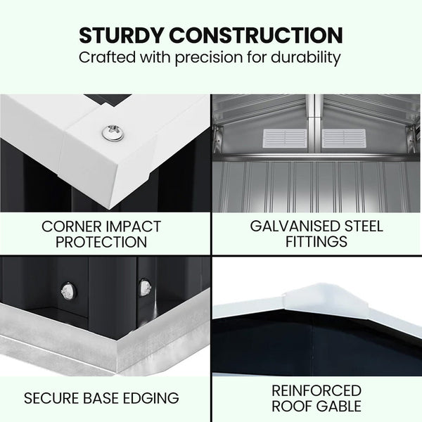 Plantcraft Galvanised Steel Garden Shed 2.58 X 3.13 2.02M With Sliding Doors 4 Air Vents Gable Roof Floor Frame Sheds Summerhouses Carports