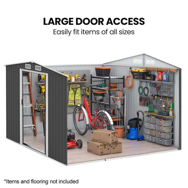 Plantcraft Galvanised Steel Garden Shed 2.58 X 3.13 2.02M With Sliding Doors 4 Air Vents Gable Roof Floor Frame Sheds Summerhouses Carports