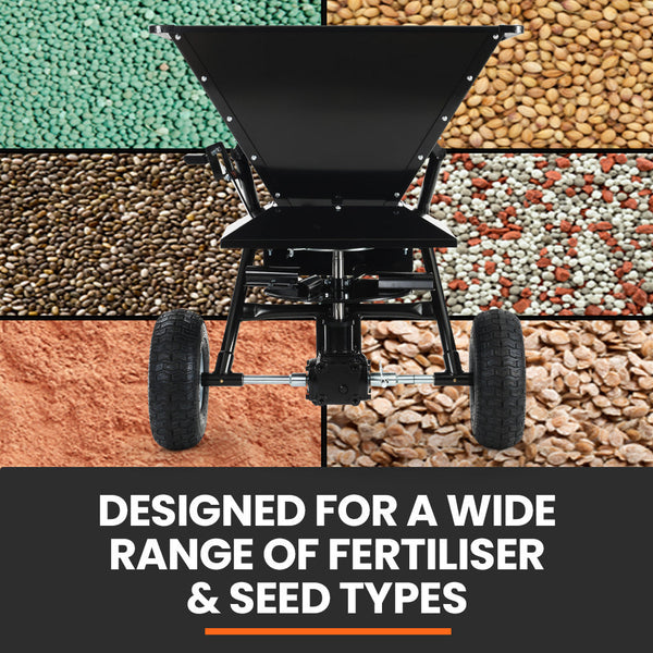 Plantcraft 160L Tow Behind Broadcast Seed And Fertiliser Spreader 158Kg Load Heavy Duty Wheelbarrows Carts Wagons