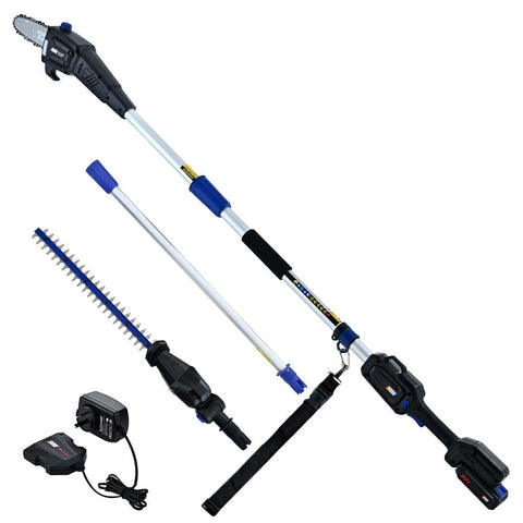 Powerblade 20V Cordless Pole Saw & Hedge Trimmer Combo 8" Chainsaw Pruner 20" Hedger Telescopic Handle Battery And Fast Charger Kit Hedge Trimmers