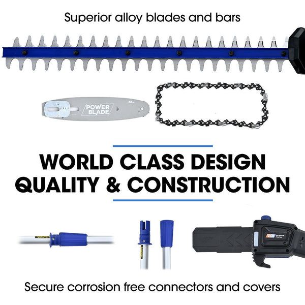 Powerblade 20V Cordless Pole Saw & Hedge Trimmer Combo 8" Chainsaw Pruner 20" Hedger Telescopic Handle Battery And Fast Charger Kit Hedge Trimmers