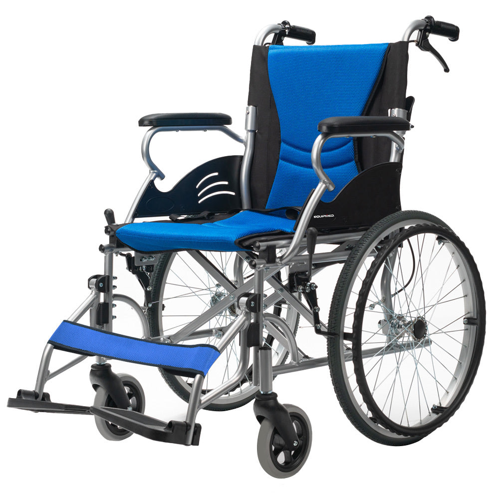 Equipmed Folding Aluminium Wheelchair 20" Wheels Park Brakes 100Kg Capacity Blue Wheelchairs