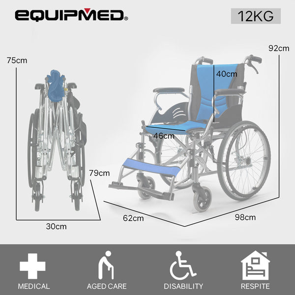 Equipmed Folding Aluminium Wheelchair 20" Wheels Park Brakes 100Kg Capacity Blue Wheelchairs