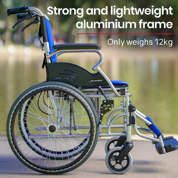 Equipmed Folding Aluminium Wheelchair 20" Wheels Park Brakes 100Kg Capacity Blue Wheelchairs