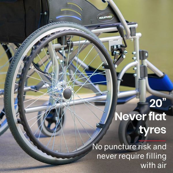Equipmed Folding Aluminium Wheelchair 20" Wheels Park Brakes 100Kg Capacity Blue Wheelchairs
