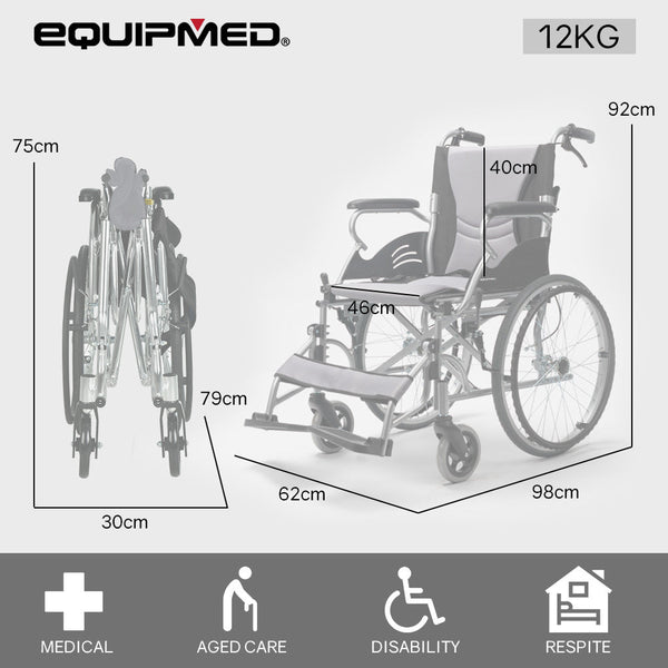 Equipmed Folding Aluminium Wheelchair 20" Wheels Park Brakes 100Kg Capacity Grey/Black Wheelchairs