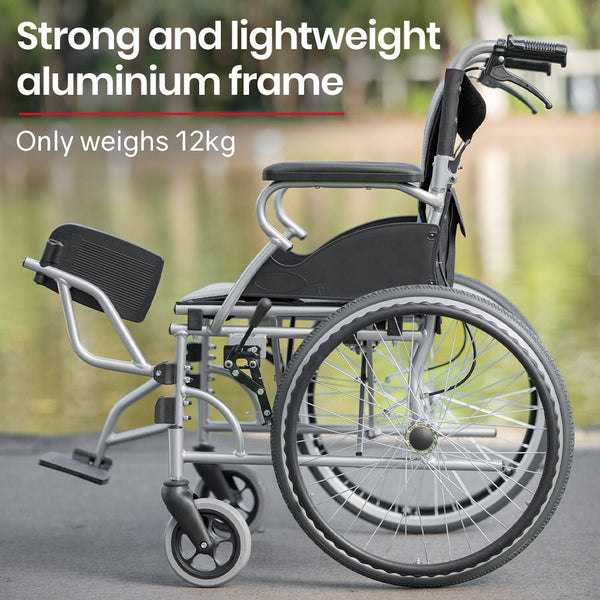 Equipmed Folding Aluminium Wheelchair 20" Wheels Park Brakes 100Kg Capacity Grey/Black Wheelchairs