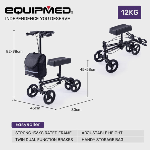 Equipmed Knee Scooter Walker Dual Brakes Bag Broken Leg Ankle Foot Mobility Crutches Alternative Black Walkers & Canes