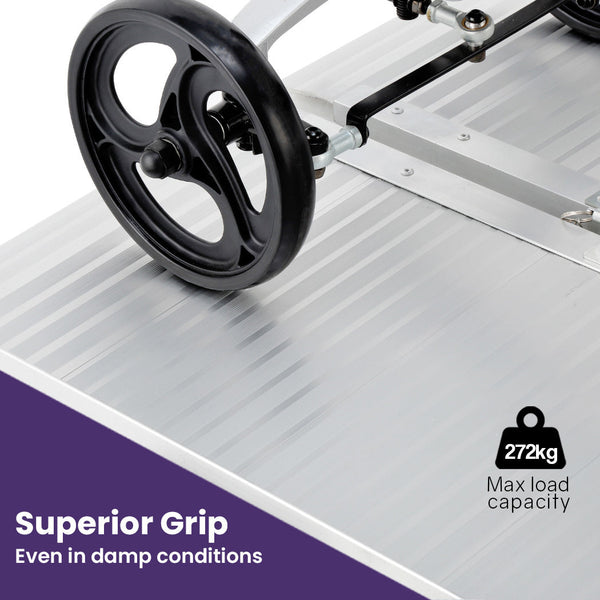 Equipmed 123Cm Portable Folding Aluminium Access Ramp 272Kg Rated Silver For Wheelchair Mobility Scooter Wheelchairs