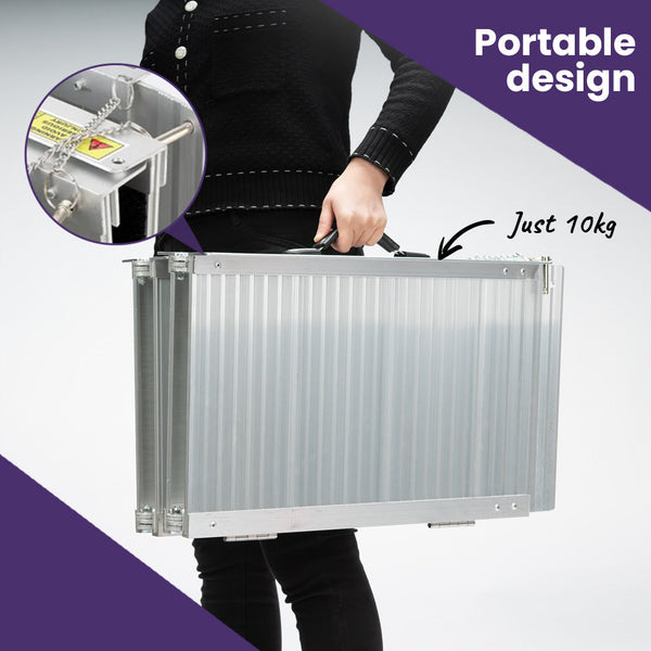 Equipmed 123Cm Portable Folding Aluminium Access Ramp 272Kg Rated Silver For Wheelchair Mobility Scooter Wheelchairs