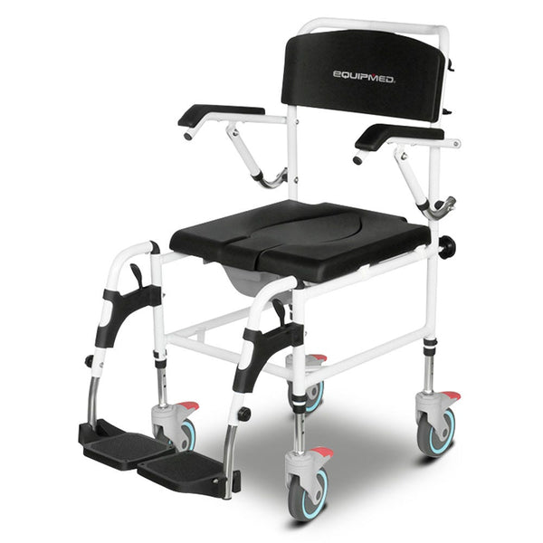Equipmed Commode Shower Chair Over Toilet Or Bedside 136Kg Capacity Aluminium Frame With Wheels Black Commodes & Shower Chairs
