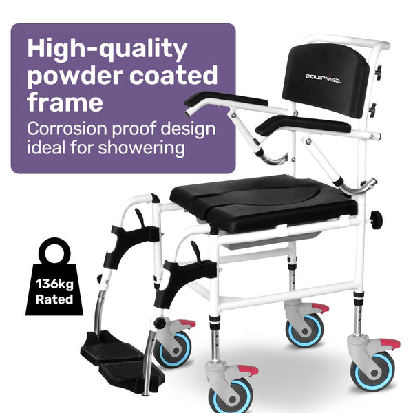 Equipmed Commode Shower Chair Over Toilet Or Bedside 136Kg Capacity Aluminium Frame With Wheels Black Commodes & Shower Chairs