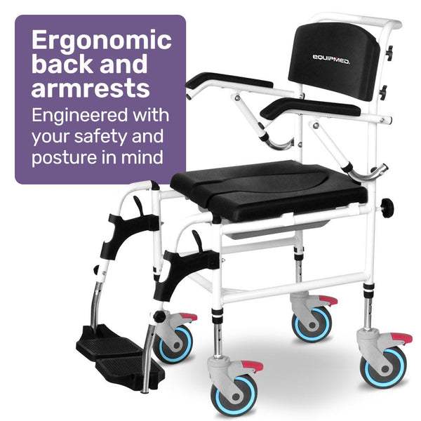 Equipmed Commode Shower Chair Over Toilet Or Bedside 136Kg Capacity Aluminium Frame With Wheels Black Commodes & Shower Chairs