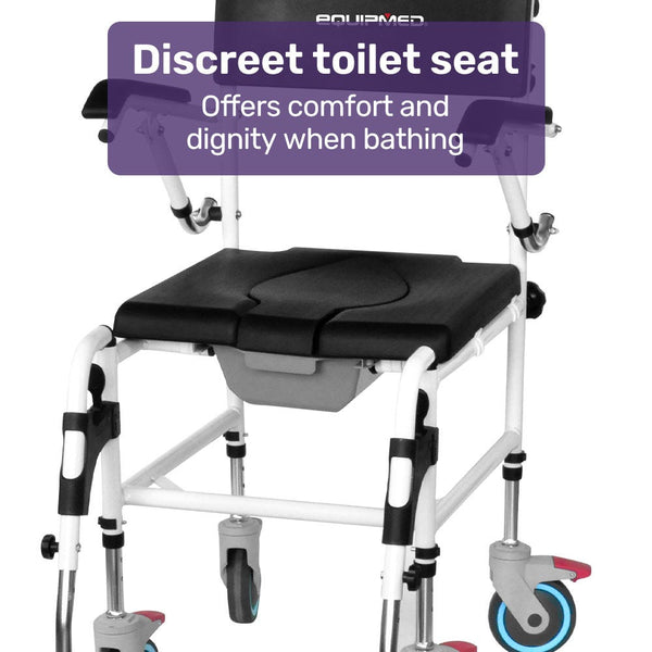 Equipmed Commode Shower Chair Over Toilet Or Bedside 136Kg Capacity Aluminium Frame With Wheels Black Commodes & Shower Chairs