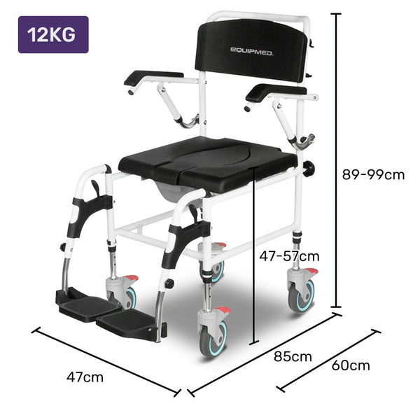 Equipmed Commode Shower Chair Over Toilet Or Bedside 136Kg Capacity Aluminium Frame With Wheels Black Commodes & Shower Chairs