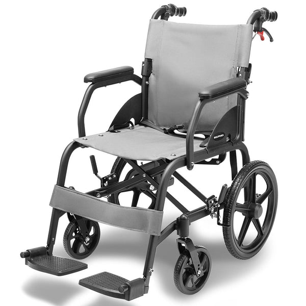 Equipmed Folding Transit Wheelchair Lightweight Aluminium For Easy Transport Grey Wheelchairs