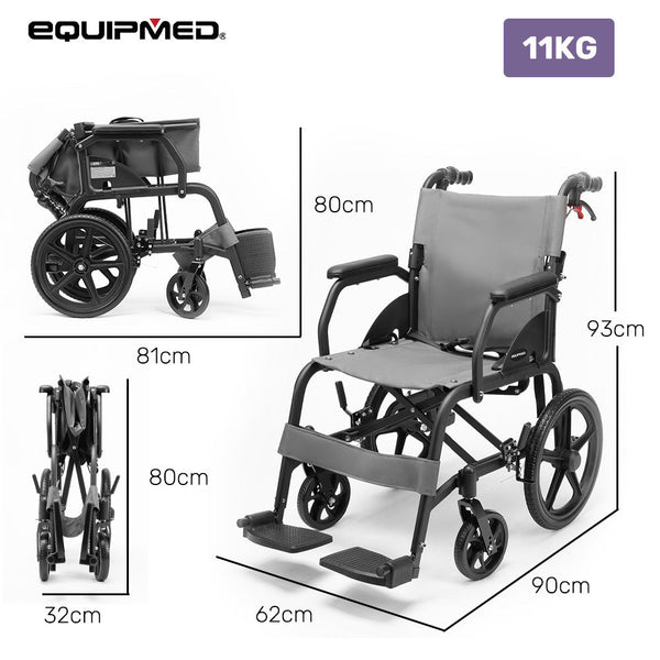 Equipmed Folding Transit Wheelchair Lightweight Aluminium For Easy Transport Grey Wheelchairs