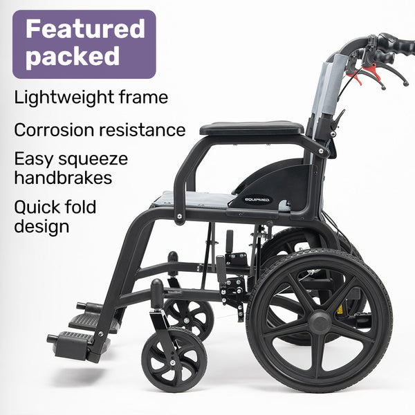 Equipmed Folding Transit Wheelchair Lightweight Aluminium For Easy Transport Grey Wheelchairs