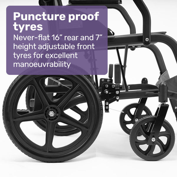 Equipmed Folding Transit Wheelchair Lightweight Aluminium For Easy Transport Grey Wheelchairs