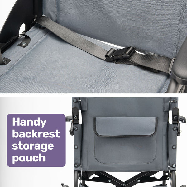 Equipmed Folding Transit Wheelchair Lightweight Aluminium For Easy Transport Grey Wheelchairs