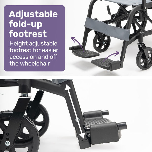 Equipmed Folding Transit Wheelchair Lightweight Aluminium For Easy Transport Grey Wheelchairs