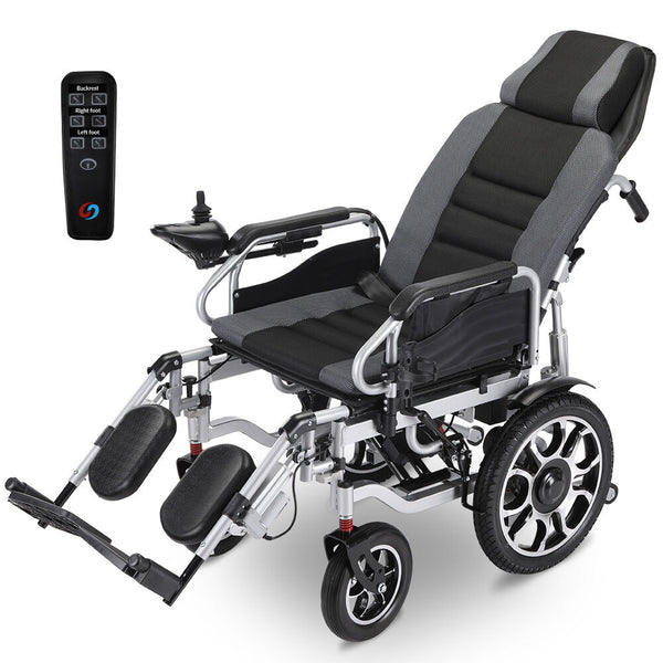 Equipmed Power Electric Wheelchair Long Range Auto Recline Lithium Battery 16" Rear Wheels Headrest Folding Grey/Black Wheelchairs