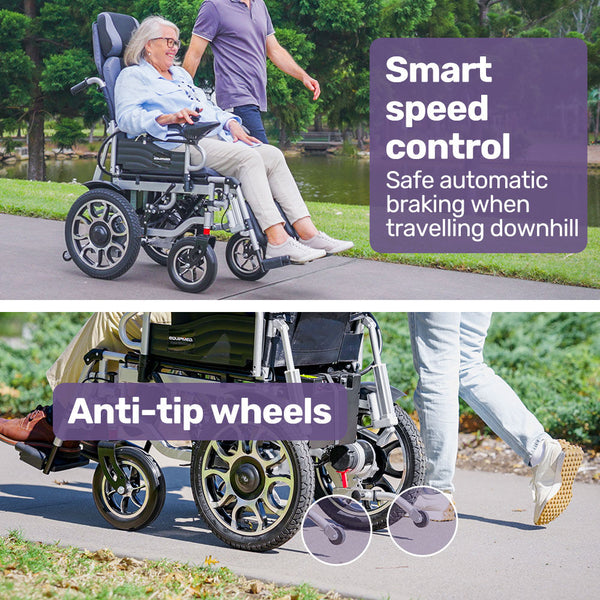 Equipmed Power Electric Wheelchair Long Range Auto Recline Lithium Battery 16" Rear Wheels Headrest Folding Grey/Black Wheelchairs