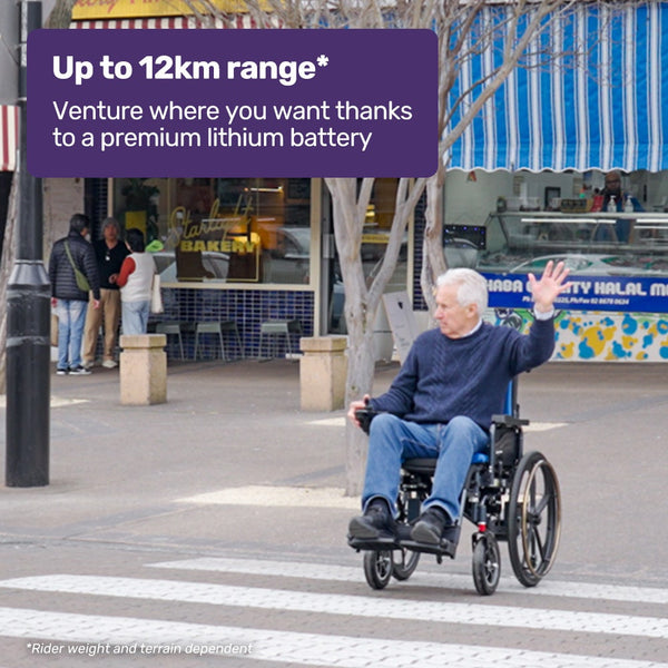 Equipmed Electric Wheelchair Folding Long Range Airline Lithium Battery 24" Light Rear Wheels Matte Black/Blue Wheelchairs