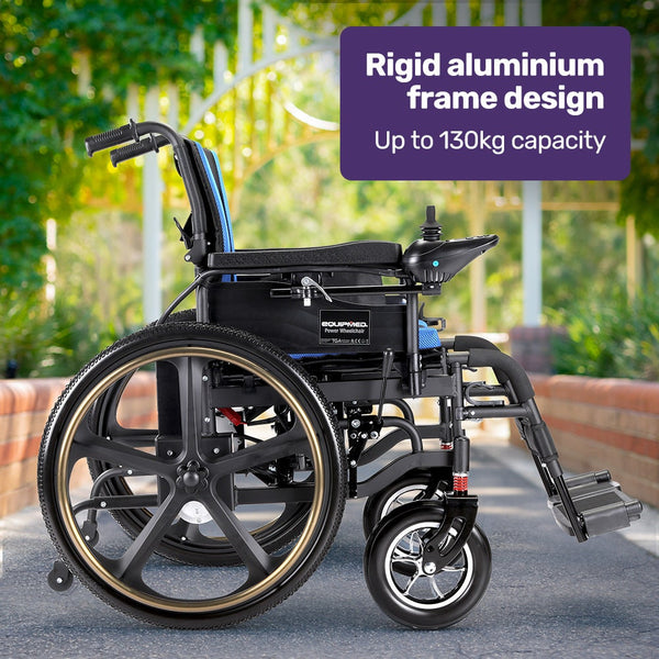 Equipmed Electric Wheelchair Folding Long Range Airline Lithium Battery 24" Light Rear Wheels Matte Black/Blue Wheelchairs