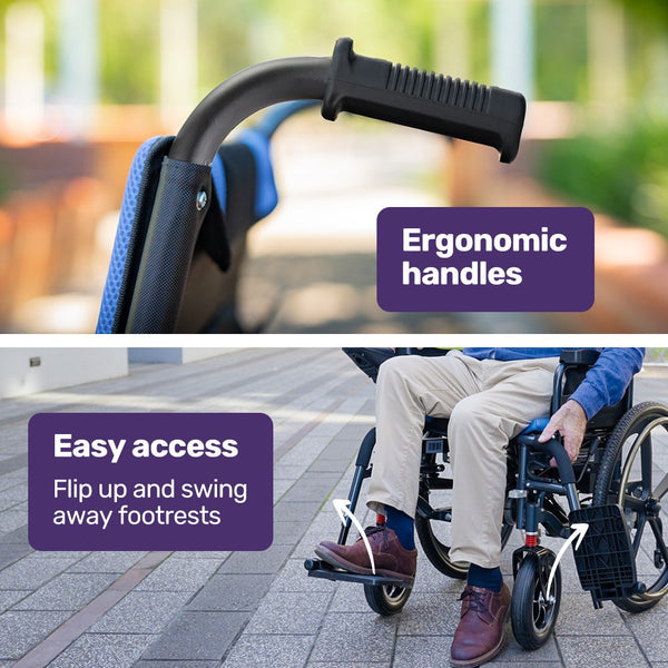 Equipmed Electric Wheelchair Folding Long Range Airline Lithium Battery 24" Light Rear Wheels Matte Black/Blue Wheelchairs