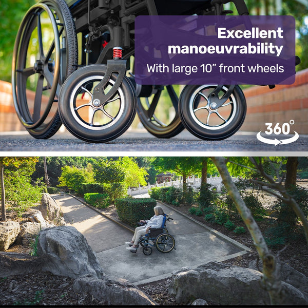 Equipmed Electric Wheelchair Folding Long Range Airline Lithium Battery 24" Light Rear Wheels Matte Black/Blue Wheelchairs