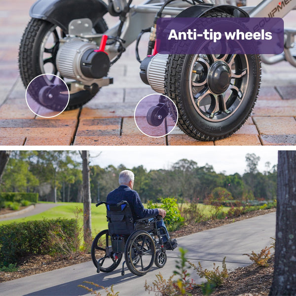 Equipmed Electric Wheelchair Folding Long Range Airline Lithium Battery 24" Light Rear Wheels Matte Black/Blue Wheelchairs