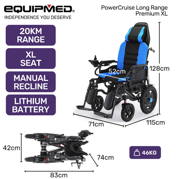 Equipmed Power Electric Wheelchair Wide Bariatric Chair Comfortable For S Xl Long Range Recline Adjustment Lithium Battery 16'' Wheels Headrest Foldin