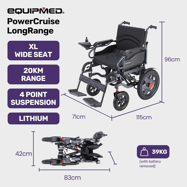 Equipmed Electric Folding Wheelchair Wide Bariatric Chair Seat Comfortable For Xl Long Range Lithium Battery Black Wheelchairs