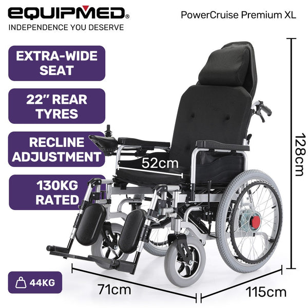 Equipmed Power Electric Wheelchair Xl Wide Bariatric Chair Seat Long Range Airline Recline Adjustment Lithium Battery 22" Wheels Headrest Black Wheelc