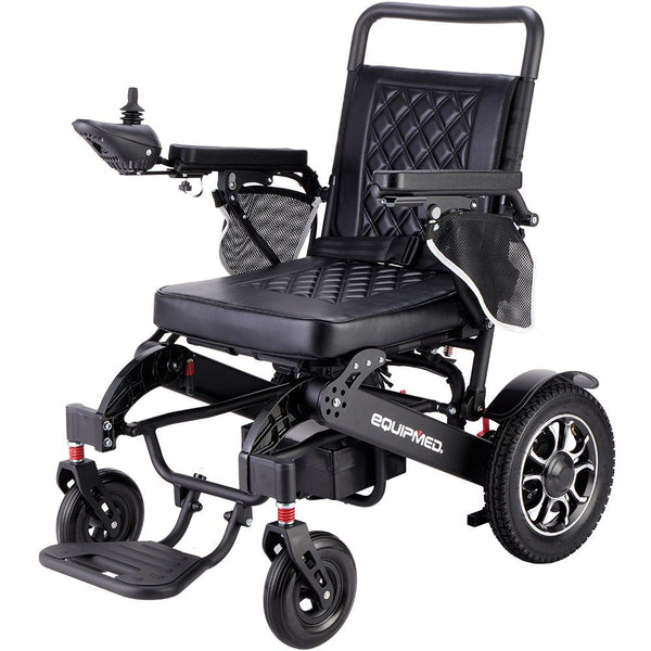 Equipmed Electric Folding Wheelchair Long Range Airline Approved Aluminium Frame Lithium Battery Black Wheelchairs