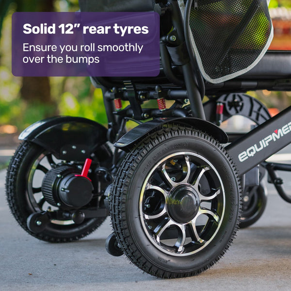 Equipmed Electric Folding Wheelchair Long Range Airline Approved Aluminium Frame Lithium Battery Black Wheelchairs