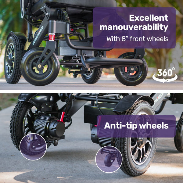 Equipmed Electric Folding Wheelchair Long Range Airline Approved Aluminium Frame Lithium Battery Black Wheelchairs