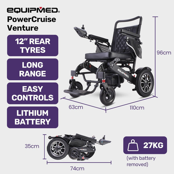 Equipmed Electric Folding Wheelchair Long Range Airline Approved Aluminium Frame Lithium Battery Black Wheelchairs