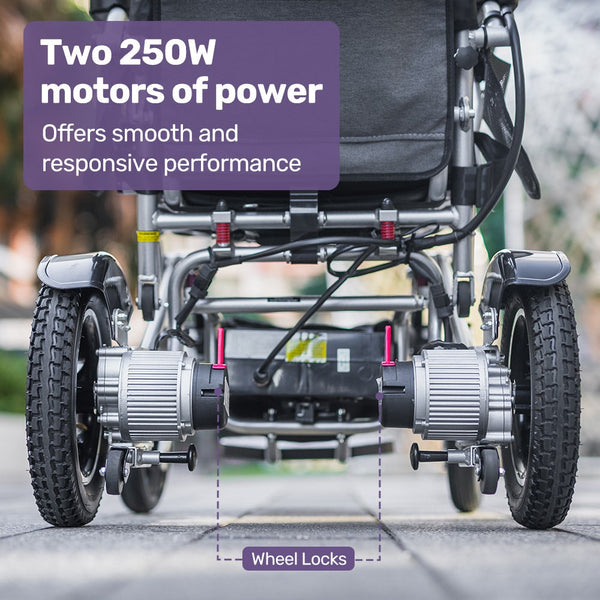 Equipmed Power Electric Wheelchair Long Range Airline Alloy Remote Control Lithium Battery Black/Silver Wheelchairs