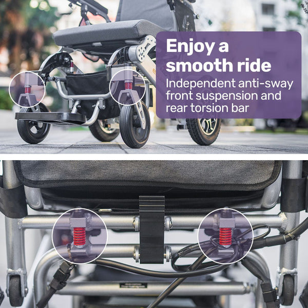 Equipmed Power Electric Wheelchair Long Range Airline Alloy Remote Control Lithium Battery Black/Silver Wheelchairs