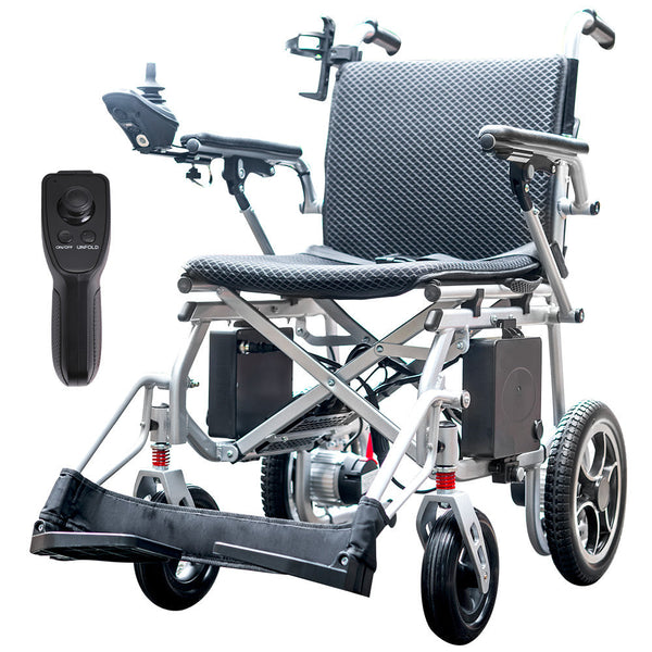 Equipmed Power Electric Wheelchair Airline Extra Lightweight Long Range Lithium Batteries Silver Wheelchairs