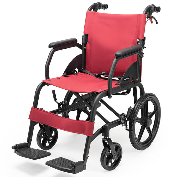 Equipmed Folding Transit Wheelchair Lightweight Aluminium For Easy Transport Crimson Red Wheelchairs